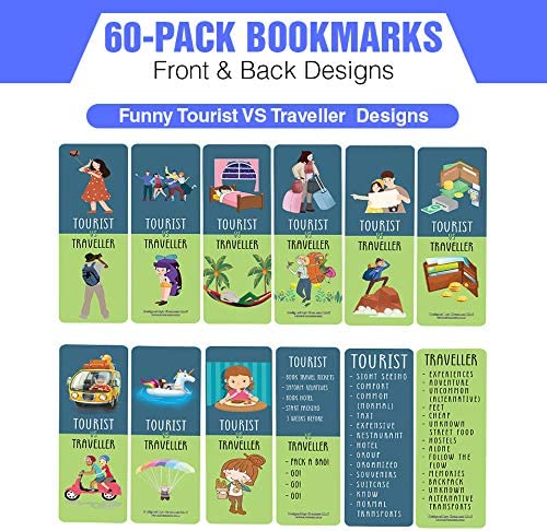 Funny Tourist VS Traveller Bookmark Card (60 Pack) - Great Party Favors Card Lot Set – Epic Collection Set Book Page Clippers – Cool Gifts for Children, Boys, Girls