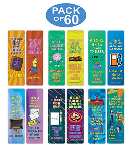 Creanoso School One Liners Jokes Bookmarks Series 3 (60-Pack) – Six Assorted Quality Bookmarker Cards Set – Premium Gift Token Giveaways for Men, Women, Adults – Cool Book Page Clippers