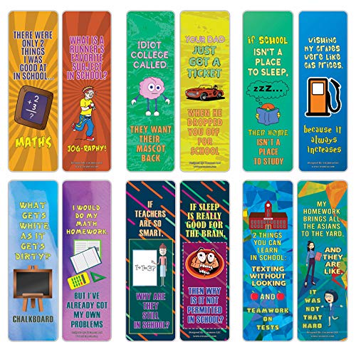 Creanoso School One Liners Jokes Bookmarks Series 3 (60-Pack) – Six Assorted Quality Bookmarker Cards Set – Premium Gift Token Giveaways for Men, Women, Adults – Cool Book Page Clippers