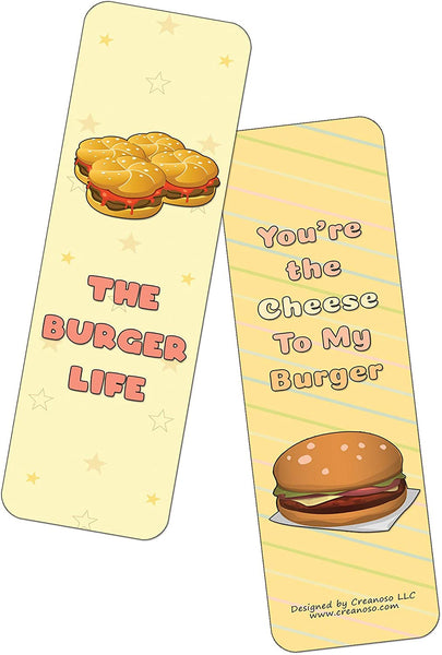 Creanoso Funny Burger Puns Bookmarks (60-Pack) - Premium Quality Gift Ideas for Children, Teens, & Adults for All Occasions - Stocking Stuffers Party Favor & Giveaways
