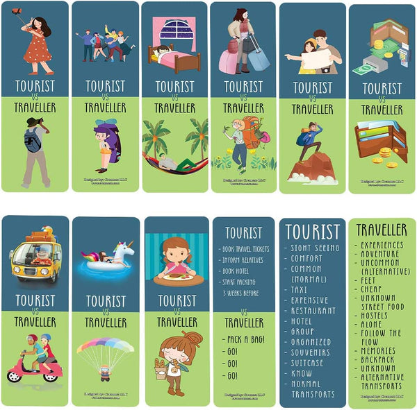 Funny Tourist VS Traveller Bookmark Card (60 Pack) - Great Party Favors Card Lot Set – Epic Collection Set Book Page Clippers – Cool Gifts for Children, Boys, Girls
