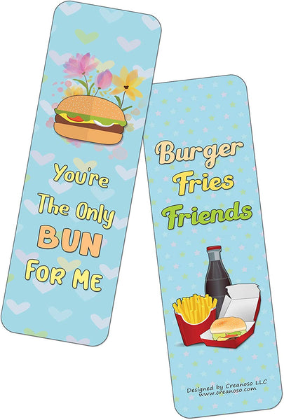 Creanoso Funny Burger Puns Bookmarks (60-Pack) - Premium Quality Gift Ideas for Children, Teens, & Adults for All Occasions - Stocking Stuffers Party Favor & Giveaways