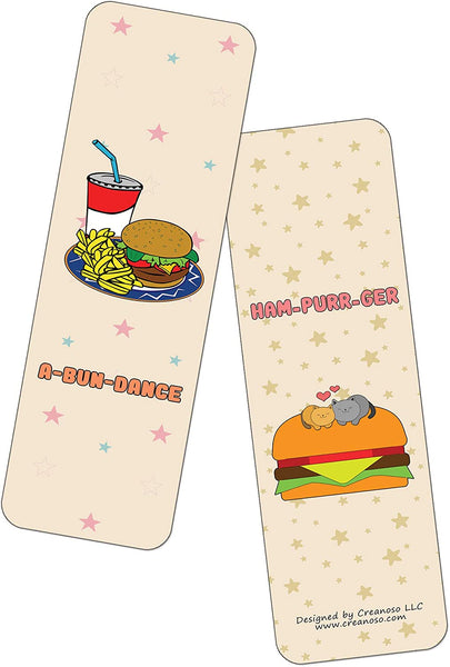 Creanoso Funny Burger Puns Bookmarks (60-Pack) - Premium Quality Gift Ideas for Children, Teens, & Adults for All Occasions - Stocking Stuffers Party Favor & Giveaways