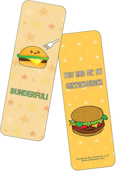 Creanoso Funny Burger Puns Bookmarks (60-Pack) - Premium Quality Gift Ideas for Children, Teens, & Adults for All Occasions - Stocking Stuffers Party Favor & Giveaways