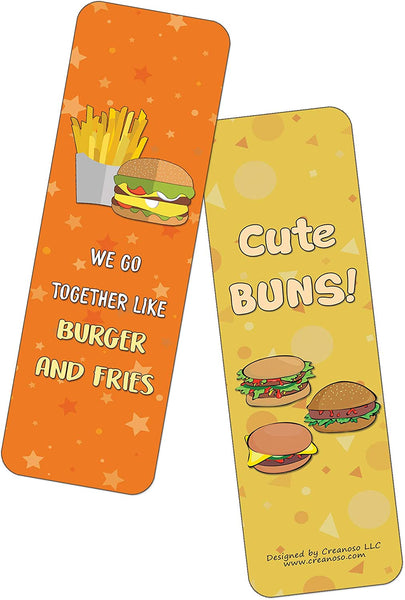 Creanoso Funny Burger Puns Bookmarks (60-Pack) - Premium Quality Gift Ideas for Children, Teens, & Adults for All Occasions - Stocking Stuffers Party Favor & Giveaways