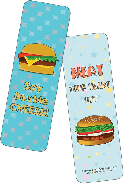 Creanoso Funny Burger Puns Bookmarks (60-Pack) - Premium Quality Gift Ideas for Children, Teens, & Adults for All Occasions - Stocking Stuffers Party Favor & Giveaways