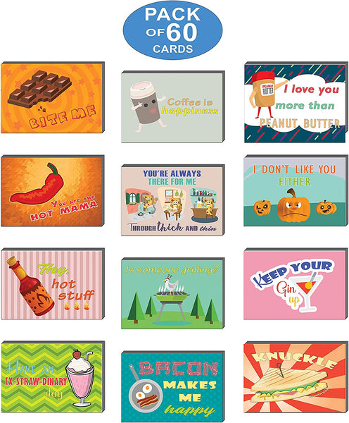 Creanoso Comedic Food and Drinks Funny Postcards (60-Pack) – Cool and Unique Gift Card Greeting Tokens for Adults Men Women Professionals – Assorted Bulk Collection Set – Cool Card Giveaways