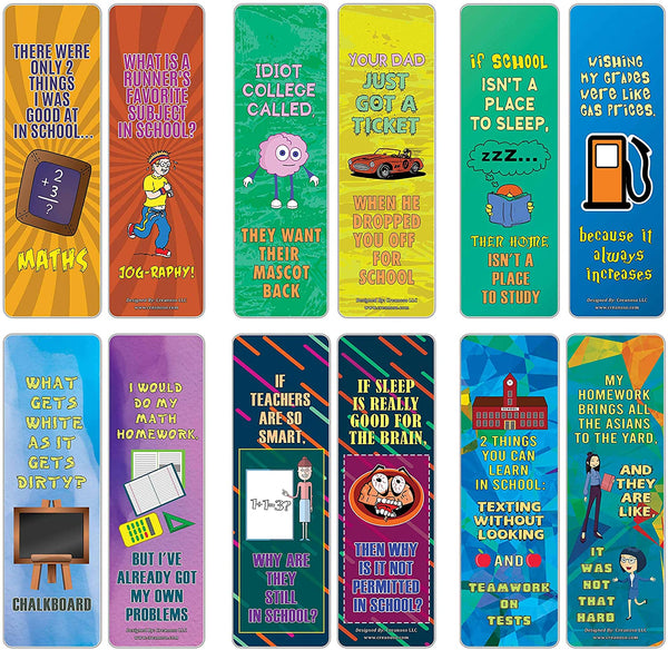 Creanoso School One Liners Jokes Bookmarks Series 3 (60-Pack) – Six Assorted Quality Bookmarker Cards Set – Premium Gift Token Giveaways for Men, Women, Adults – Cool Book Page Clippers