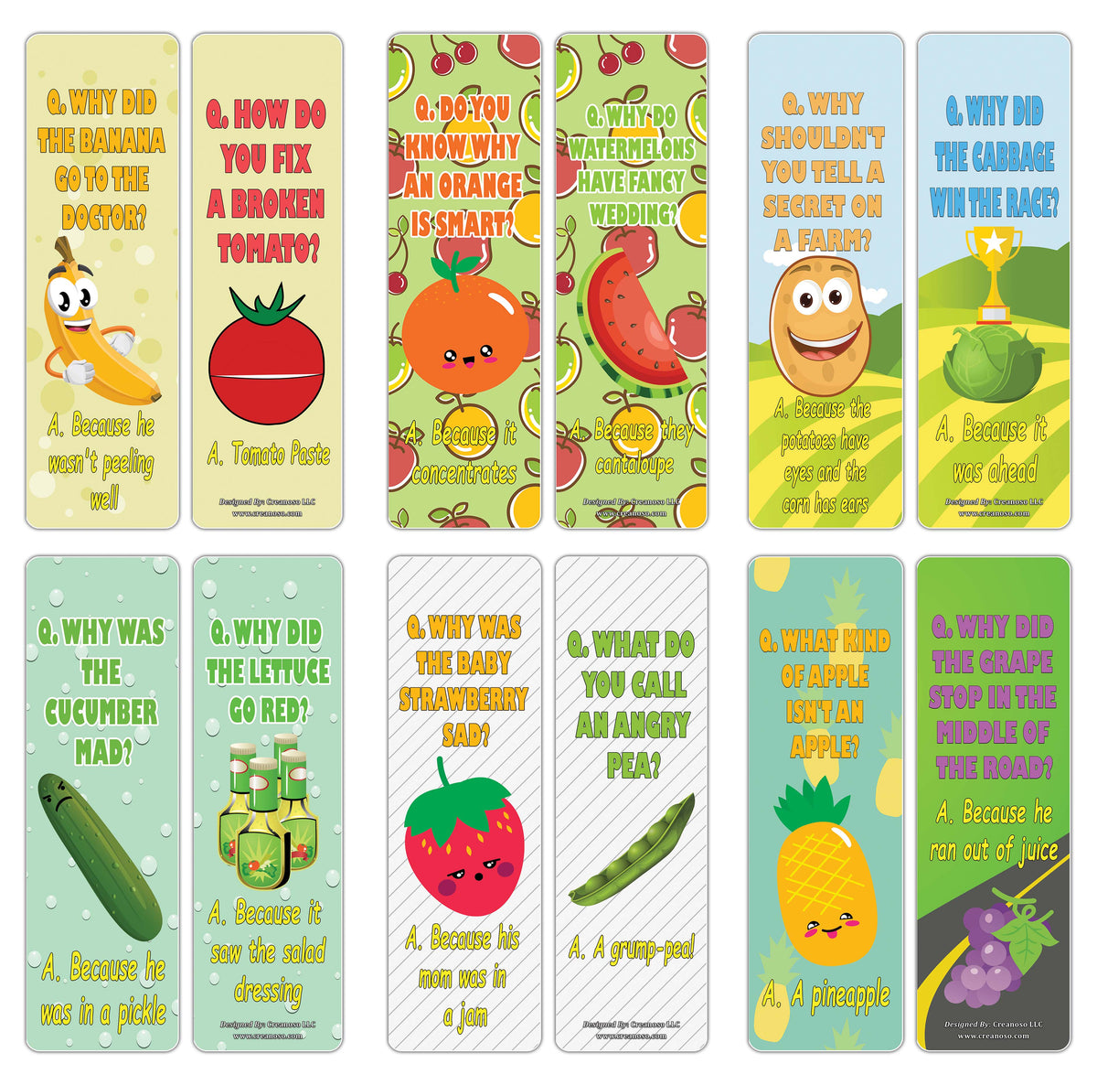 Creanoso Funny Fruit and Veggies Lunch Jokes Bookmarks for Kids ÃƒÂ¢Ã¢, image size:1200x1186