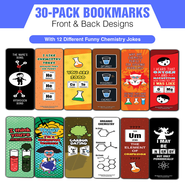 Funny Chemistry Jokes Bookmarks (30-Pack) - Classroom Reward Incentives for Students and Children - Stocking Stuffers Party Favors & Giveaways for Teens & Adults