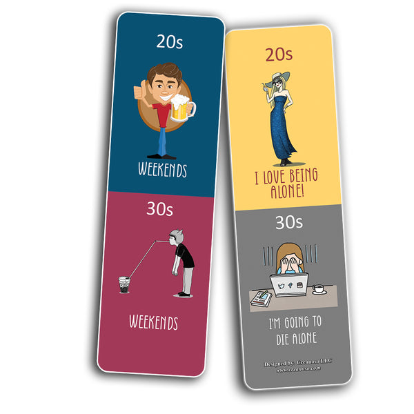 Funny Illustration 20s vs 30s Bookmark Card (60 Pack) - Great Party Favors Card Lot Set – Epic Collection Set Book Page Clippers – Cool Gifts for Children, Boys, Girls