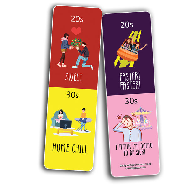 Funny Illustration 20s vs 30s Bookmark Card (60 Pack) - Great Party Favors Card Lot Set – Epic Collection Set Book Page Clippers – Cool Gifts for Children, Boys, Girls