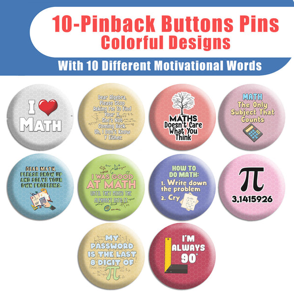 Creanoso Funny Pinback Buttons - Math Jokes (10-Pack) - Stocking Stuffers Premium Quality Gift Ideas for Children, Teens, & Adults - Corporate Giveaways & Party Favors