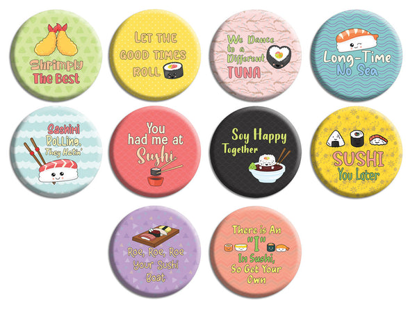 Creanoso Cute Sushi Pinback buttons (10-Pack) - Stocking Stuffers Premium Quality Gift Ideas for Children, Teens, & Adults - Corporate Giveaways & Party Favors