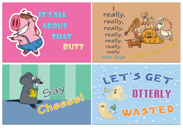 Creanoso Animal Comedic Postcards (60-Pack) – Assorted Card Stock Bulk Set – Premium Quality Greeting Cards Stock – Funny and Cool Gift Tokens for Men Women Adults Employees Professionals