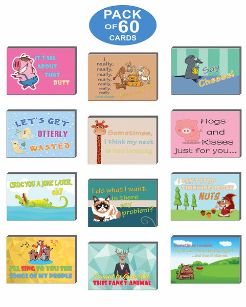 Creanoso Animal Comedic Postcards (60-Pack) – Assorted Card Stock Bulk Set – Premium Quality Greeting Cards Stock – Funny and Cool Gift Tokens for Men Women Adults Employees Professionals