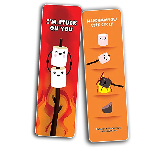Cute Marshmallow Puns Jokes Bookmarks (30-Pack) - Six Assorted Quality Bookmarker Cards Set Ã¢â‚¬â€œ Premium Gift Token Giveaways for Boys & Girls, Men, Women, Adults Ã¢â‚¬â€œ Cool Book Page Clippers