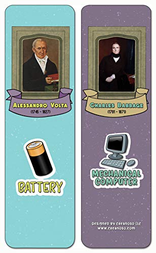 Creanoso Famous Male Inventors and their Inventions Educational Bookmarks Cards (60-Pack) - Premium Gift Ideas for Children, Teens, & Adults - Stocking Stuffers Party Favor & Giveaways
