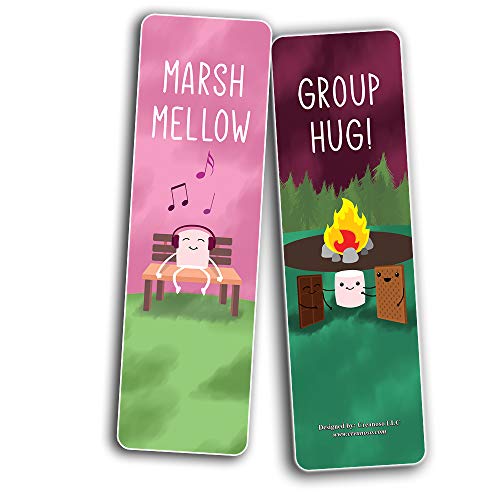 Cute Marshmallow Puns Jokes Bookmarks (30-Pack) - Six Assorted Quality Bookmarker Cards Set Ã¢â‚¬â€œ Premium Gift Token Giveaways for Boys & Girls, Men, Women, Adults Ã¢â‚¬â€œ Cool Book Page Clippers