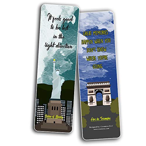 Creanoso Famous Travel Places Bookmarks (60-Pack) - Road Trip Travel Readers Reading Gifts - Quality Sturdy Bookmark Cards Bulk Set