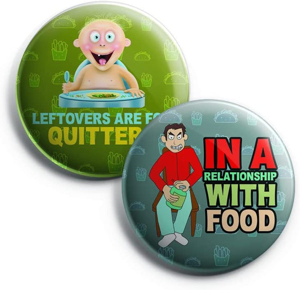 Creanoso Funny Food Saying Button Pins (1-Set X 10 Buttons) - Stocking Stuffers Premium Quality Gift Ideas for Children, Teens, & Adults - Corporate Giveaways & Party Favors