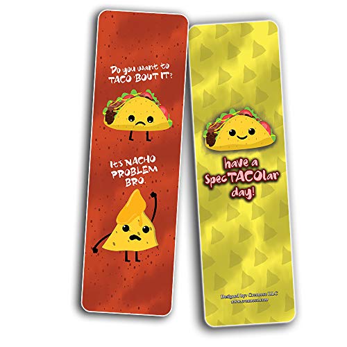 Funny Tacos Puns Jokes Bookmarks (30-Pack) - Six Assorted Quality Bookmarker Cards Set Ã¢â‚¬â€œ Premium Gift Token Giveaways for Boys & Girls, Men, Women, Adults Ã¢â‚¬â€œ Cool Book Page Clippers