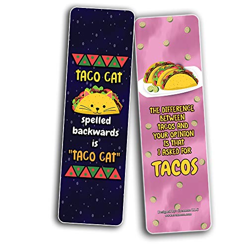 Funny Tacos Puns Jokes Bookmarks (30-Pack) - Six Assorted Quality Bookmarker Cards Set Ã¢â‚¬â€œ Premium Gift Token Giveaways for Boys & Girls, Men, Women, Adults Ã¢â‚¬â€œ Cool Book Page Clippers