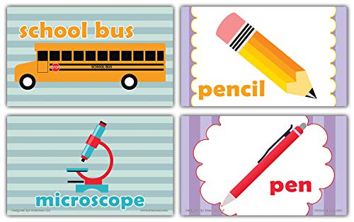 Creanoso Colorful School Words Learning Flashcards for Kids (60-Pack) â€“ Informational Language Learning Cards â€“ Unique Stocking Stuffers Gifts for Boys & Girls â€“ Teaching Material Tools