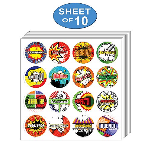 Creanoso Spanish Comic Praise Stickers (10-Sheet) â€“ Awesome Stocking Stuffers Gifts for Kids, Boys & Girls, Teens â€“ Wall Table Surface DÃ©cor Art Decal Bulk Pack