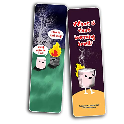 Cute Marshmallow Puns Jokes Bookmarks (30-Pack) - Six Assorted Quality Bookmarker Cards Set Ã¢â‚¬â€œ Premium Gift Token Giveaways for Boys & Girls, Men, Women, Adults Ã¢â‚¬â€œ Cool Book Page Clippers