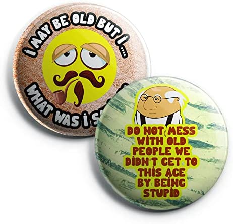 Creanoso Funny Old Age Button Pins (1-Set X 10 Buttons) - Stocking Stuffers Premium Quality Gift Ideas for Children, Teens, & Adults - Corporate Giveaways & Party Favors