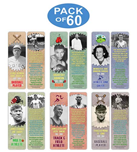 Creanoso Historical Fact American Famous Athletes Bookmark Cards (60-Pack) ÃƒÂ¢Ã¢â€šÂ¬Ã¢â‚¬Å“ Learning Reading Bookmarks Collection Set ÃƒÂ¢Ã¢â€šÂ¬Ã¢â‚¬Å“ Cool Unique Gift Token Giveaways for Boys, Girls, Kids, Teens - Page Clippers
