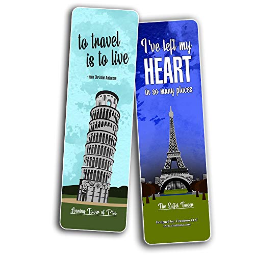 Creanoso Popular Travel Places Bookmarks (30-Pack) - Premium Gift Set - Awesome Bookmarks for Bookworm and Travelers- Six Bulk Assorted Bookmarks Designs - Traveler Gift