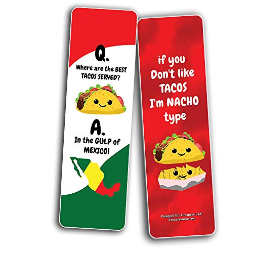 Funny Tacos Puns Jokes Bookmarks (30-Pack) - Six Assorted Quality Bookmarker Cards Set Ã¢â‚¬â€œ Premium Gift Token Giveaways for Boys & Girls, Men, Women, Adults Ã¢â‚¬â€œ Cool Book Page Clippers