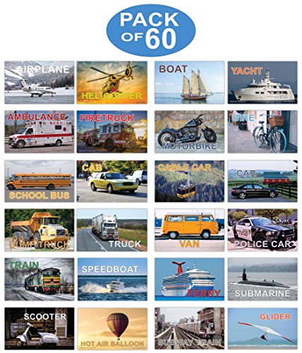 Creanoso Basic Transportation Vehicles Learning Flash Cards (60-Pack) â€“ Assorted Informational Language Mini Card Gift Set for Kids â€“ Unique Classroom Supplies â€“ Teacher Gifts â€“ DIY Kit