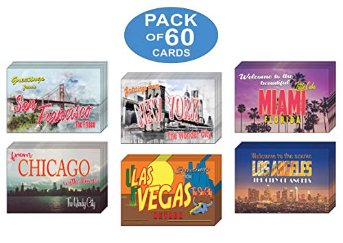 Creanoso Six Greeting Card Designs Great US Cities Travel Greeting Cards (60-Pack) â€“ Premium Stocking Stuffers Gift Ideas for Tourists, Travelers, Men & Women â€“ Gift Greeting Card Bulk Set