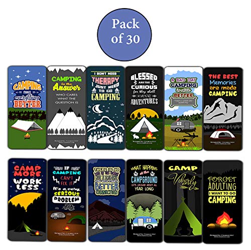 Creanoso Camping Sayings Bookmarks (30-Pack) Ã¢â‚¬â€œ Bookmarker Giveaways for Campers, Men, Women, Adults Ã¢â‚¬â€œ Assorted Collection Bulk Set Page Clip Ã¢â‚¬â€œ Camper Book Reading Rewards Incentive - DIY