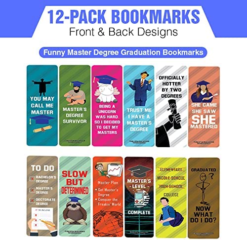 Creanoso Funny Master Degree Graduation Bookmarks (2-Sets X 6 Cards) â€“ Daily Inspirational Card Set â€“ Interesting Book Page Clippers â€“ Great Gifts for Kids and Teens