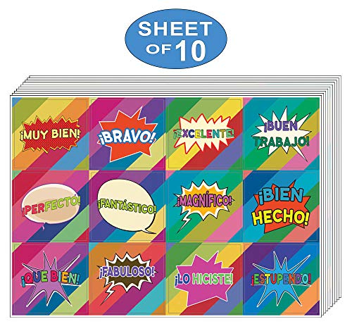 Creanoso Spanish Motivational Rewards Stickers (10-Sheet) â€“ Total 120 pcs (10 X 12pcs) Individual Small Size 2.1 x 2. Inches , Unique Designs DIY Decoration Art Decal for Children