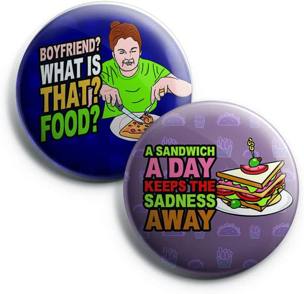 Creanoso Funny Food Saying Button Pins (1-Set X 10 Buttons) - Stocking Stuffers Premium Quality Gift Ideas for Children, Teens, & Adults - Corporate Giveaways & Party Favors