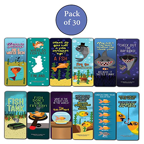 Funny Fish Puns Laughter Bookmarks (30-Pack) - Premium Quality Gift Ideas for Children, Teens, & Adults for All Occasions - Stocking Stuffers Party Favor & Giveaways