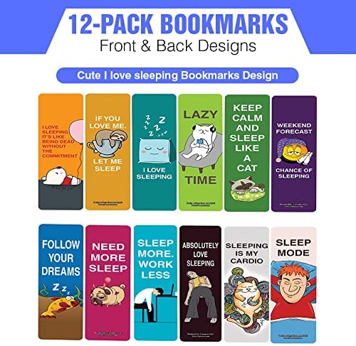 Creanoso Cute I love sleeping Bookmarks (2-Sets X 6 Cards)â€“ Daily Inspirational Card Set â€“ Interesting Book Page Clippers â€“ Great Gifts for Kids and Teens