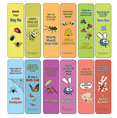 Creanoso Insect Puns Silly Hilarious Bookmarks Cards (30-Pack) - Assorted Designs for Children - Classroom Reward Incentives for Students - Stocking Stuffers Party Favors & Giveaways for Teens