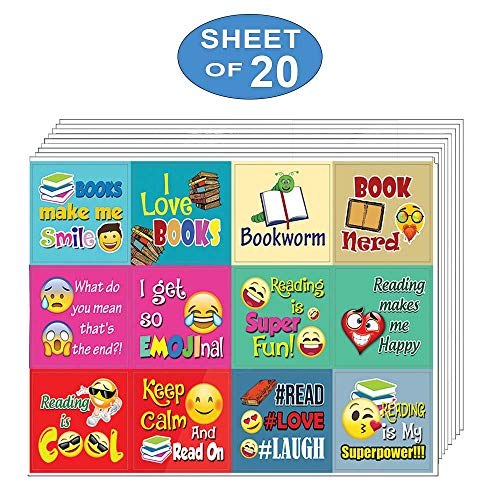 Emoji Stickers Inspirational Book Reading Sayings for Bookworms (20-Sheet) - 240 Labels Reading Quotes â€“ Gift Rewards Ideas â€“ Parents Teachers Classroom Incentives