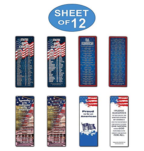 American Patriotic Bookmarks Cards (12-Pack) - States and Capitals - US Presidents Updated - Proud to be an American - Pledge of Allegiance - Constitution Amendments - Page Markers 4th of July Gifts