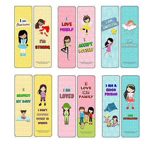 Creanoso Inspirational Cards Bookmarks for Girls - Positive Affirmations to Empower Girls (30-Pack) - Six Bulk Assorted Card Designs Ã¢â‚¬â€œ Book Reading Giveaways