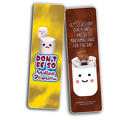 Cute Marshmallow Puns Jokes Bookmarks (30-Pack) - Six Assorted Quality Bookmarker Cards Set Ã¢â‚¬â€œ Premium Gift Token Giveaways for Boys & Girls, Men, Women, Adults Ã¢â‚¬â€œ Cool Book Page Clippers