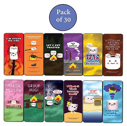 Cute Marshmallow Puns Jokes Bookmarks (30-Pack) - Six Assorted Quality Bookmarker Cards Set Ã¢â‚¬â€œ Premium Gift Token Giveaways for Boys & Girls, Men, Women, Adults Ã¢â‚¬â€œ Cool Book Page Clippers