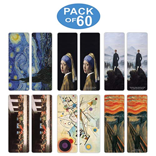 Creanoso Artistic Art Famous Paintings Bookmarks Series 6 (60-Pack) ÃƒÂ¢Ã¢â€šÂ¬Ã¢â‚¬Å“ Six Assorted Quality Bookmarker Cards Bulk Set ÃƒÂ¢Ã¢â€šÂ¬Ã¢â‚¬Å“ Book Marker Cards for Men, Women, Artists, Painters - Artist Impressions Drawings