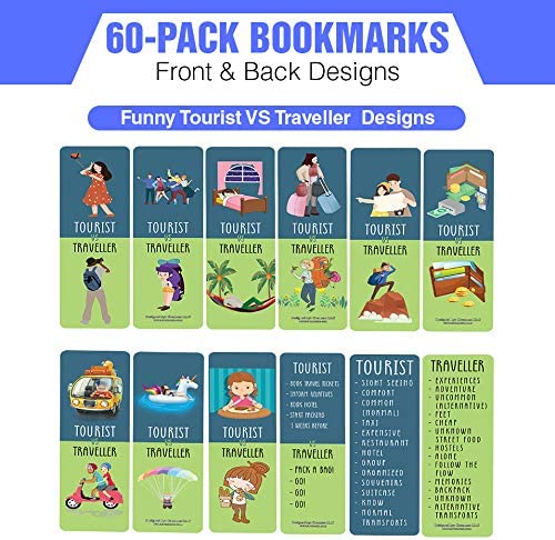 Funny Tourist VS Traveller Bookmark Card (60 Pack) - Great Party Favors Card Lot Set â€“ Epic Collection Set Book Page Clippers â€“ Cool Gifts for Children, Boys, Girls